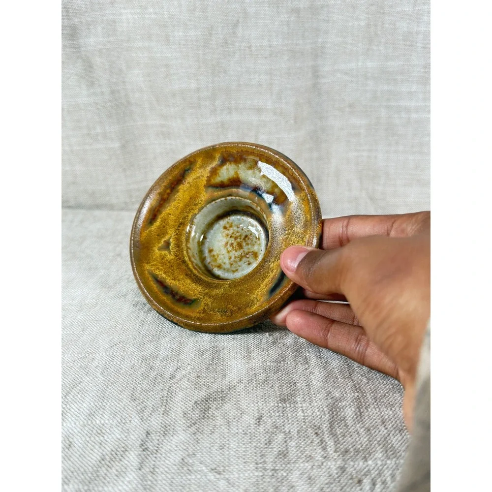Studio Pottery Candle Holder Unisex OS Brown Blue Good Vintage Stoneware MCM